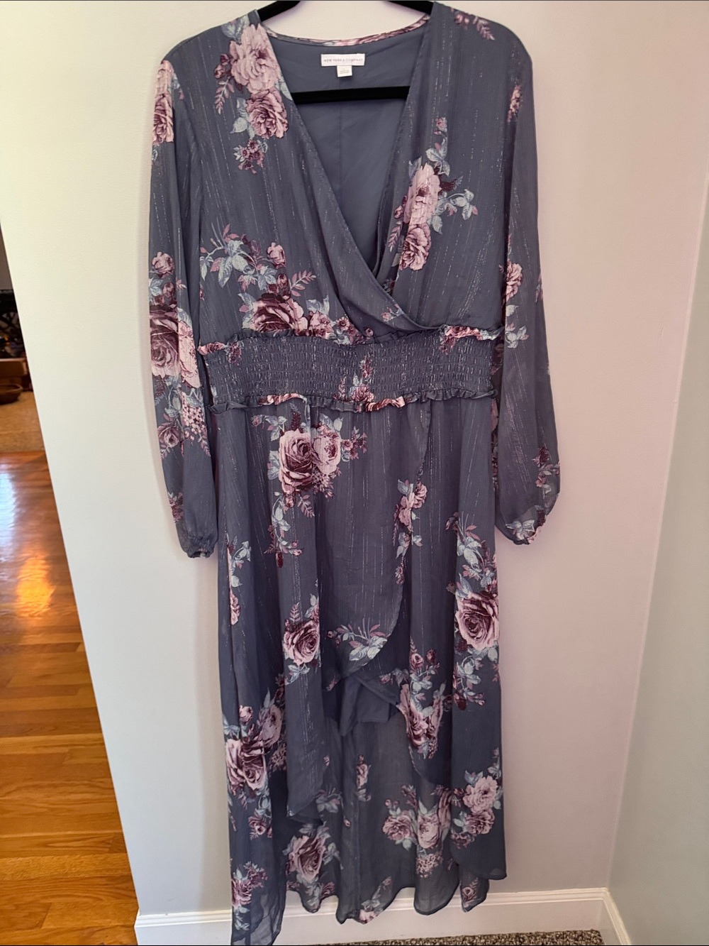 New York & Company Slate Gray High-Low Floral Dress with Pink Roses NWOT